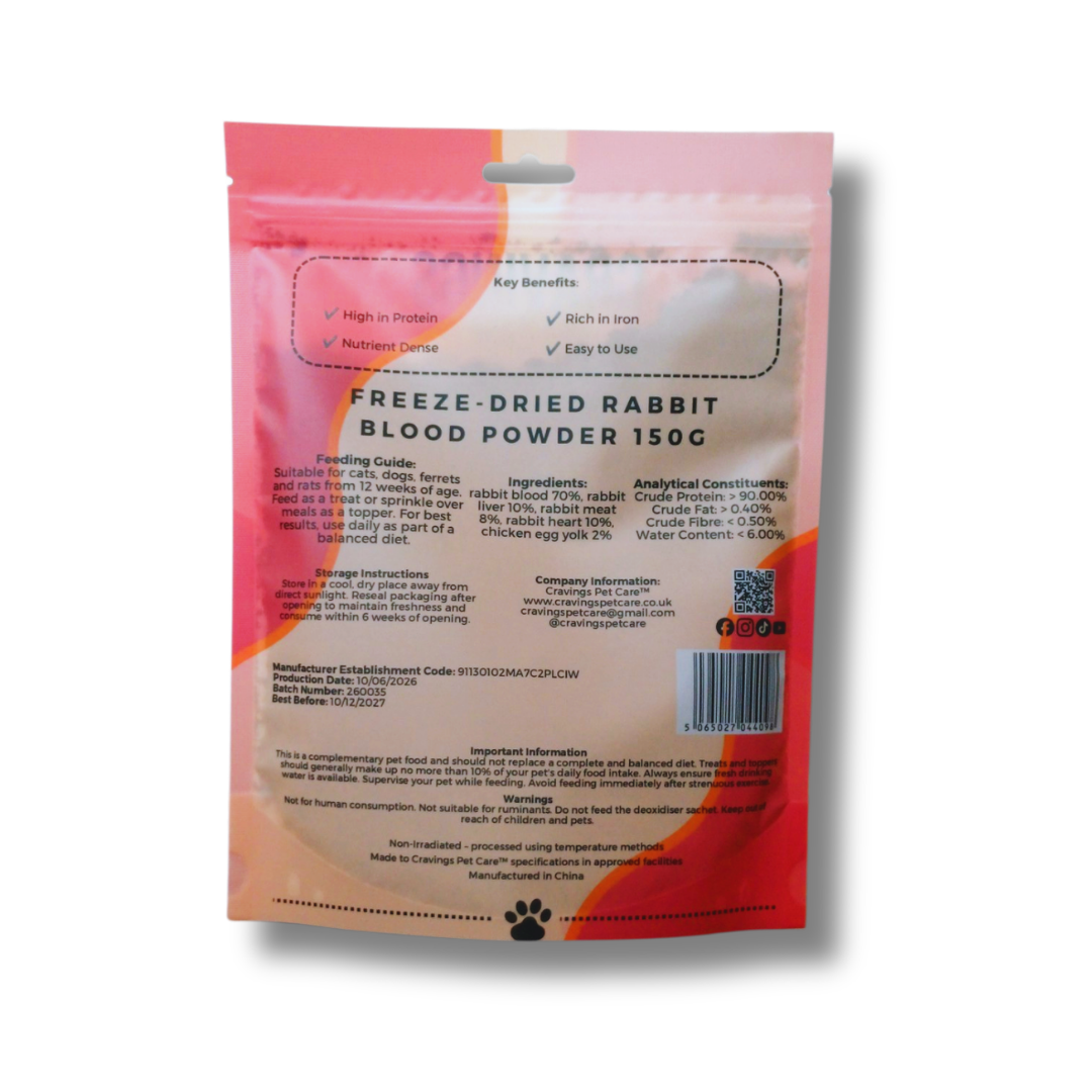 Cravings Pet Care Rabbit Blood Powder | Freeze-Dried Food Topper Powder for Cats & Dogs | 70% Rabbit Blood | 150g