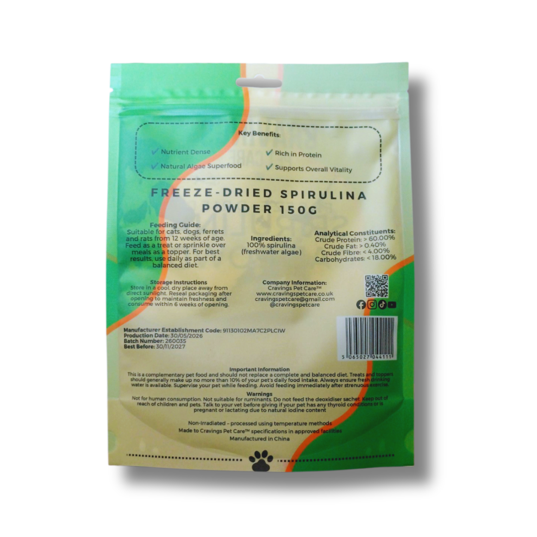 Cravings Pet Care Spirulina Algae Powder | Freeze-Dried Food Topper Powder for Cats & Dogs | 100% Spirulina Algae | 150g