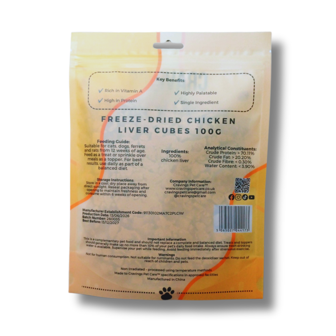 Cravings Pet Care Chicken Liver Cubes Treat | Freeze-Dried Food Topper Treat for Cats & Dogs | 100% Chicken Liver | 100g