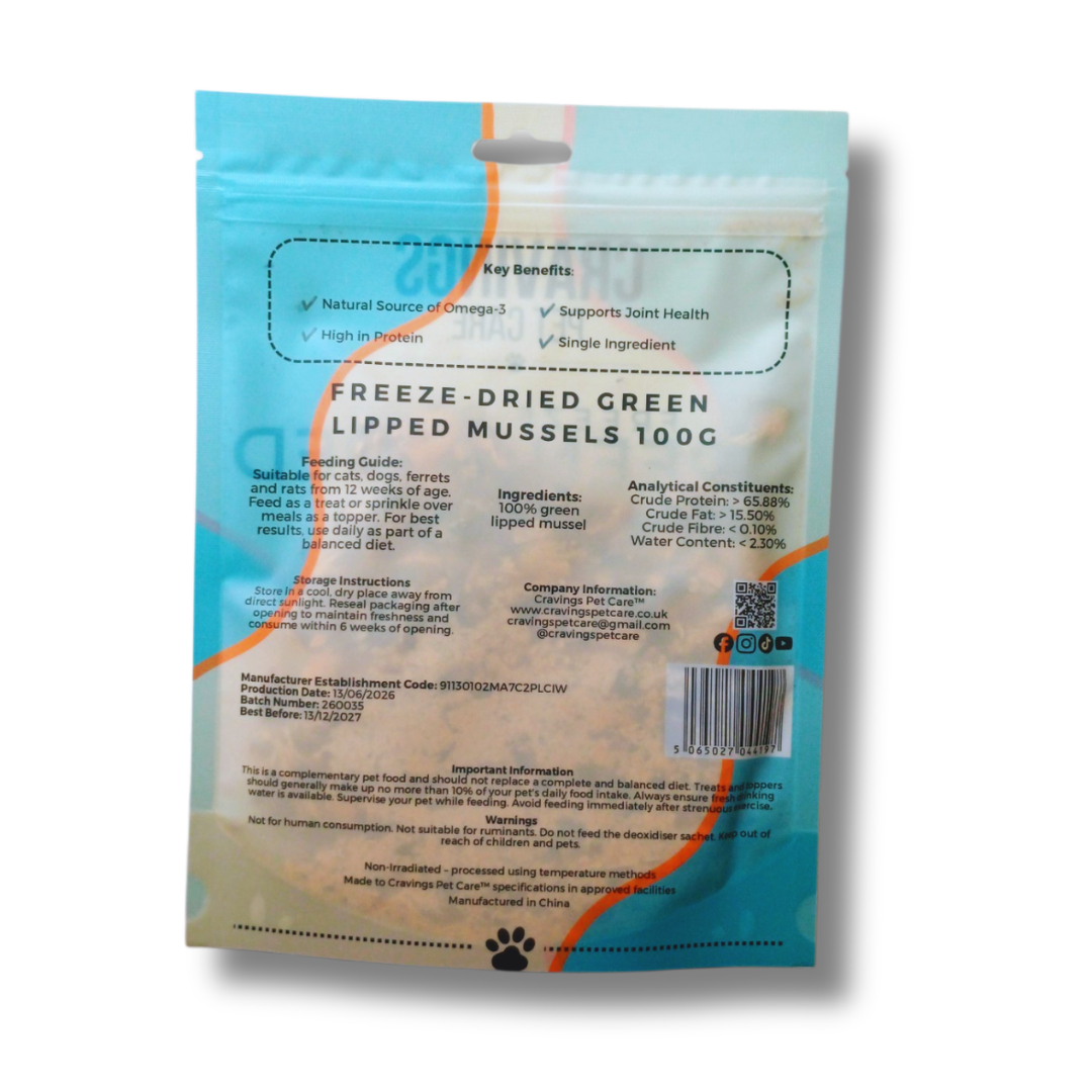Cravings Pet Care Green Lipped Mussel Treat | Freeze-Dried Food Topper Treat for Cats & Dogs | 100% Green Lipped Mussel | 100g