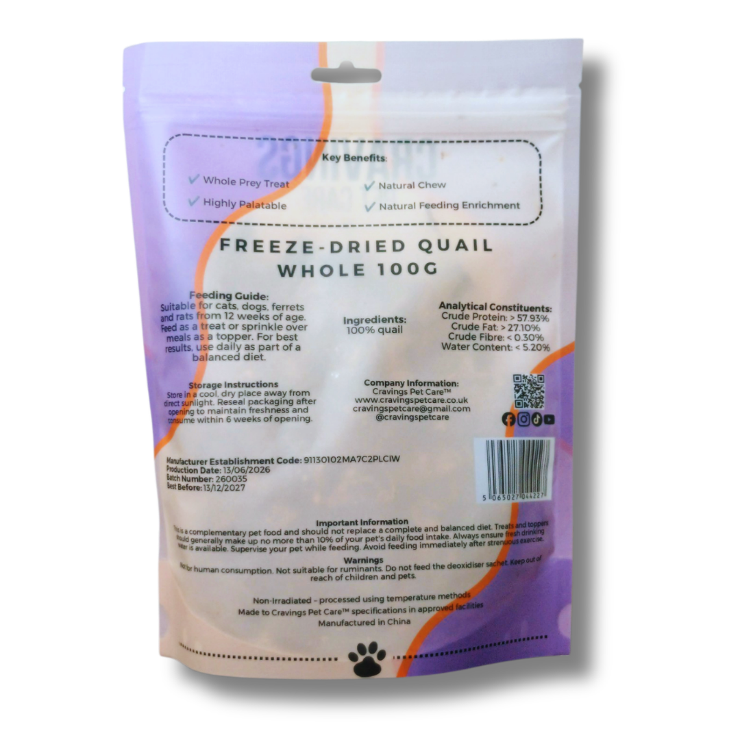Cravings Pet Care Quail Whole Treat | Freeze-Dried Food Topper Treat for Cats & Dogs | 100% Quail Whole | 100g