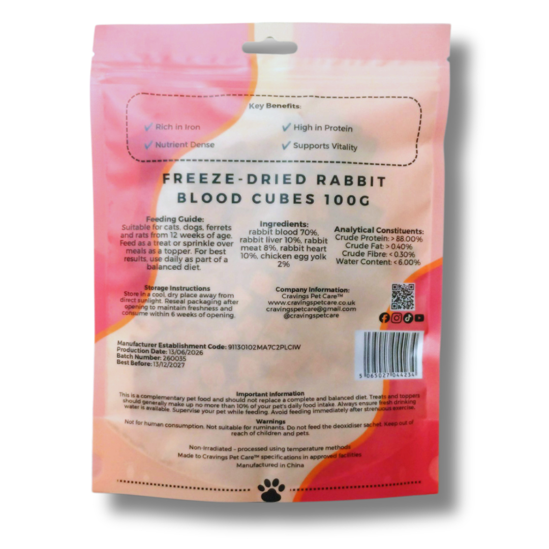 Cravings Pet Care Rabbit Blood Cubes Treat | Freeze-Dried Food Topper Treat for Cats & Dogs | 70% Rabbit Blood | 100g