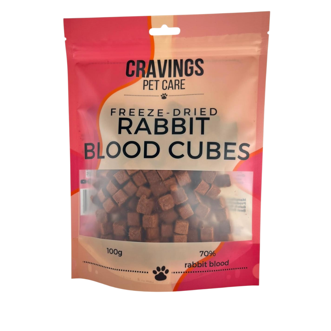Cravings Pet Care Rabbit Blood Cubes Treat | Freeze-Dried Food Topper Treat for Cats & Dogs | 70% Rabbit Blood | 100g