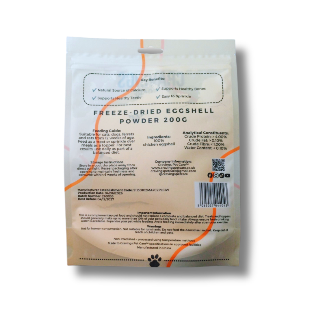 Cravings Pet Care Eggshell Powder | Freeze-Dried Food Topper Powder for Cats & Dogs | 100% Chicken Eggshell | 200g