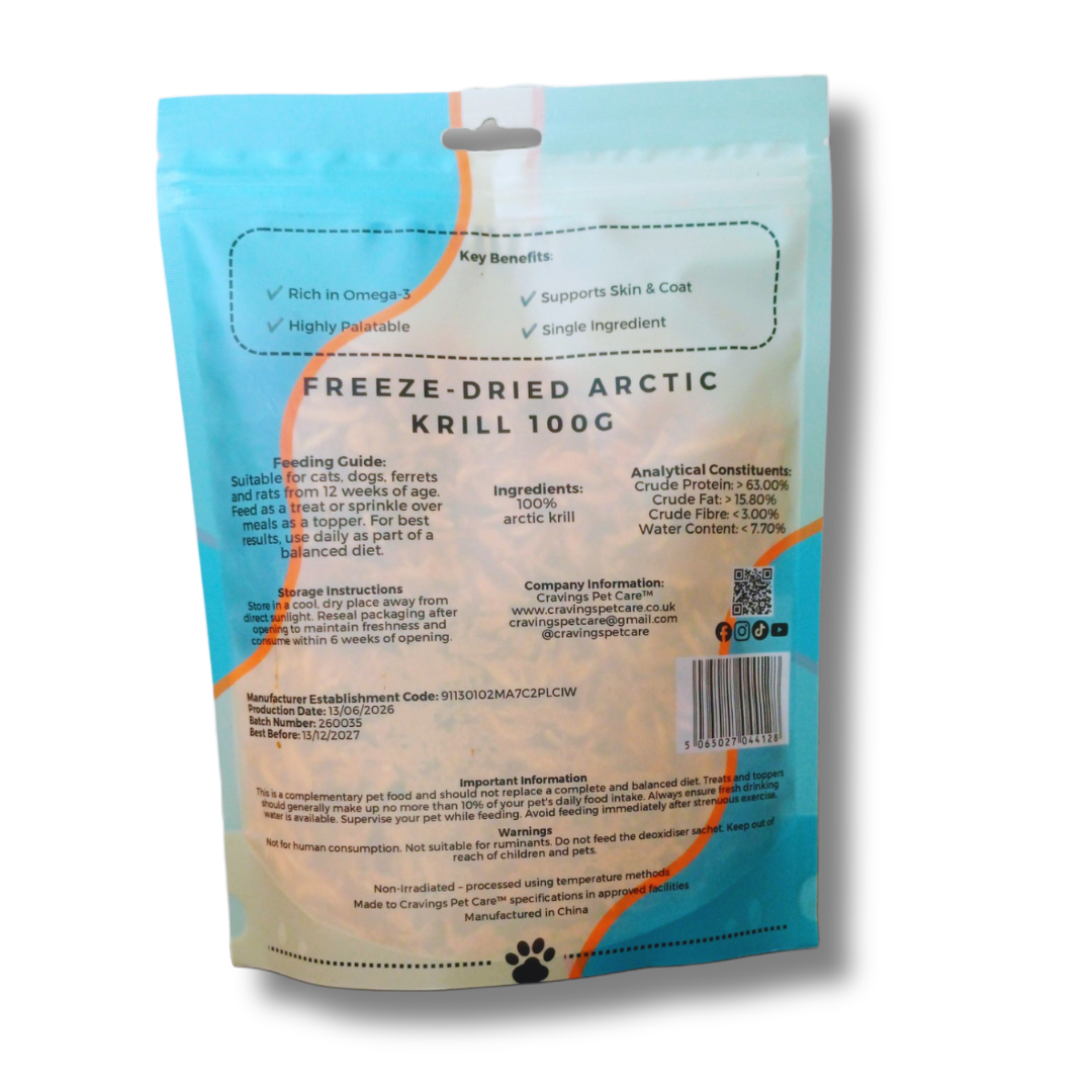 Cravings Pet Care Arctic Krill Treat | Freeze-Dried Food Topper Treat for Cats & Dogs | 100% Arctic Krill | 100g