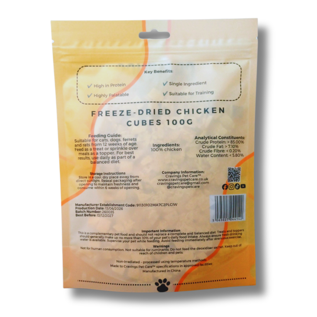 Cravings Pet Care Chicken Cubes Treat | Freeze-Dried Food Topper Treat for Cats & Dogs | 100% Chicken | 100g