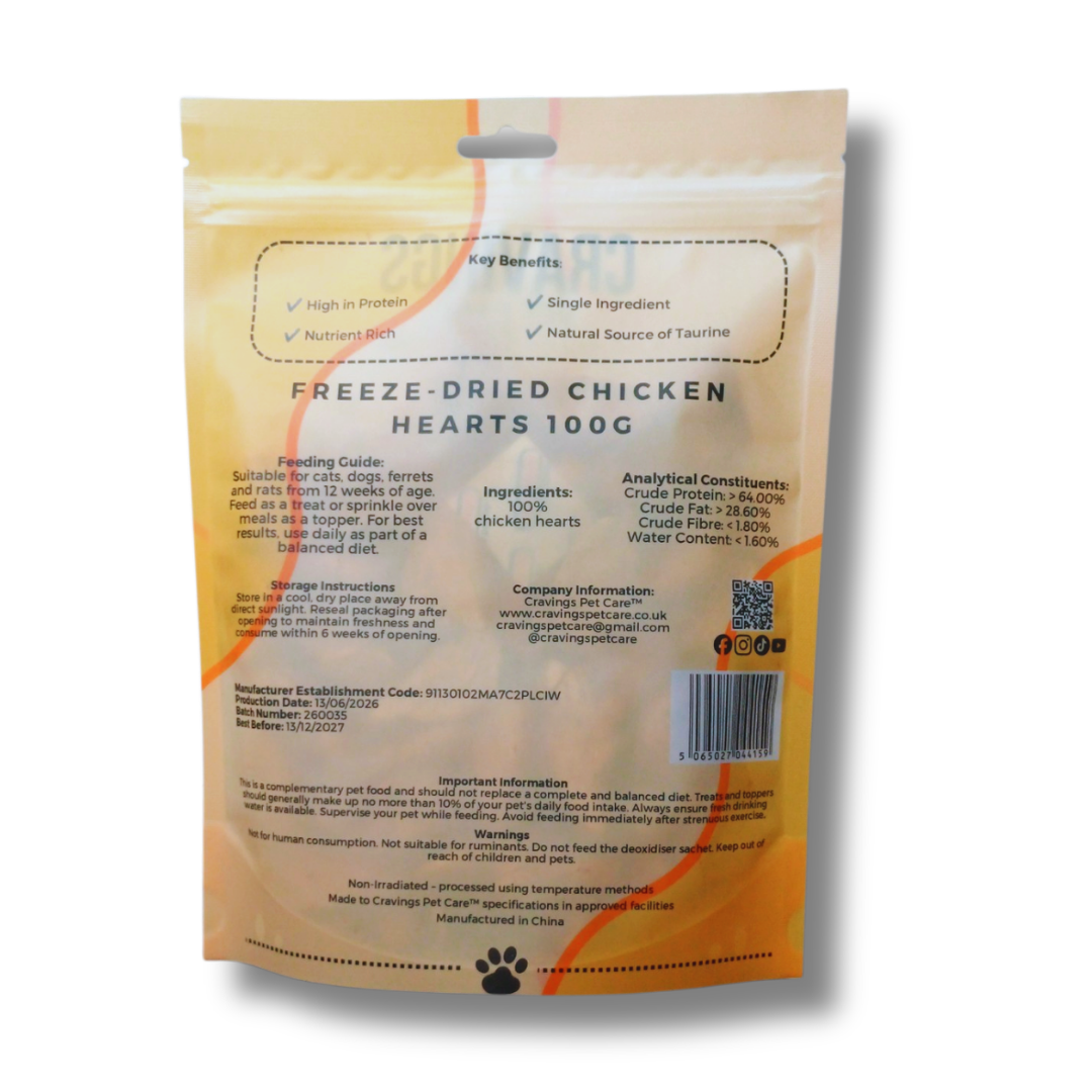 Cravings Pet Care Chicken Hearts Treat | Freeze-Dried Food Topper Treat for Cats & Dogs | 100% Chicken Hearts | 100g