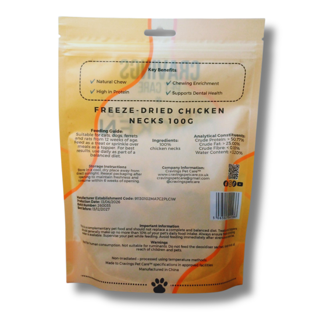 Cravings Pet Care Chicken Necks Treat | Freeze-Dried Food Topper Treat for Cats & Dogs | 100% Chicken Necks | 100g