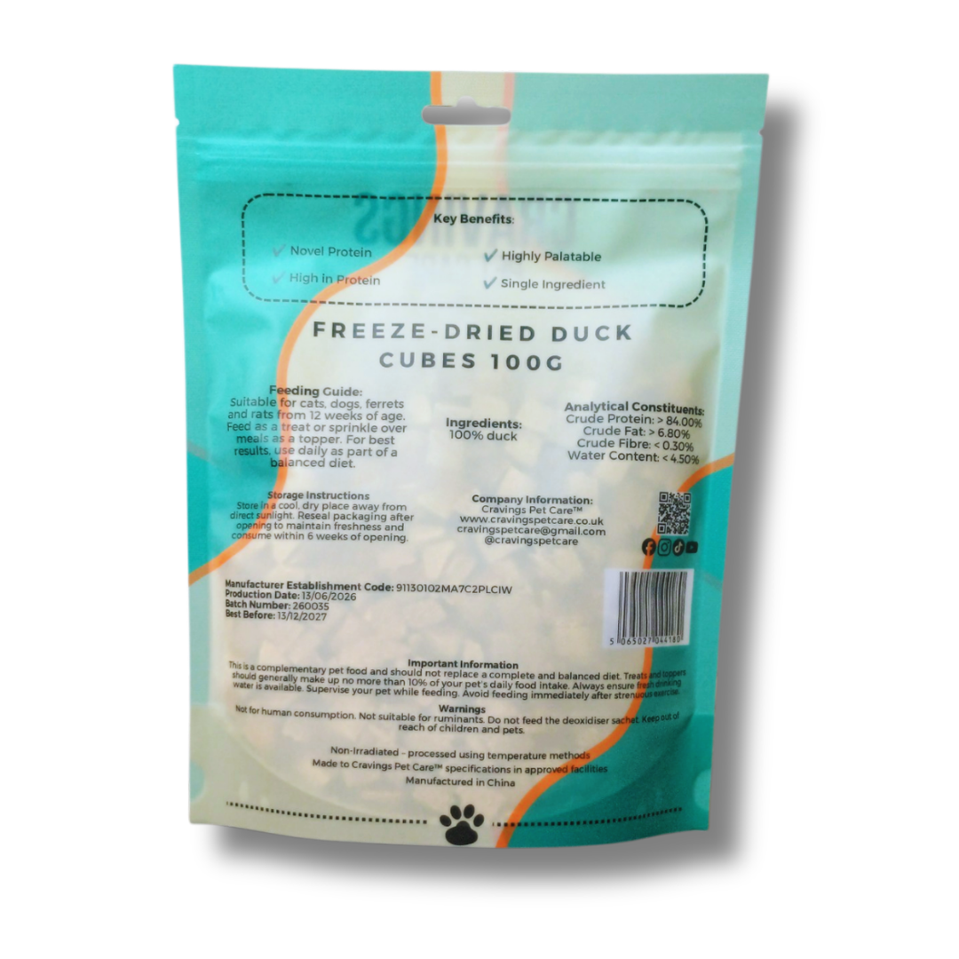 Cravings Pet Care Duck Cubes Treat | Freeze-Dried Food Topper Treat for Cats & Dogs | 100% Duck | 100g