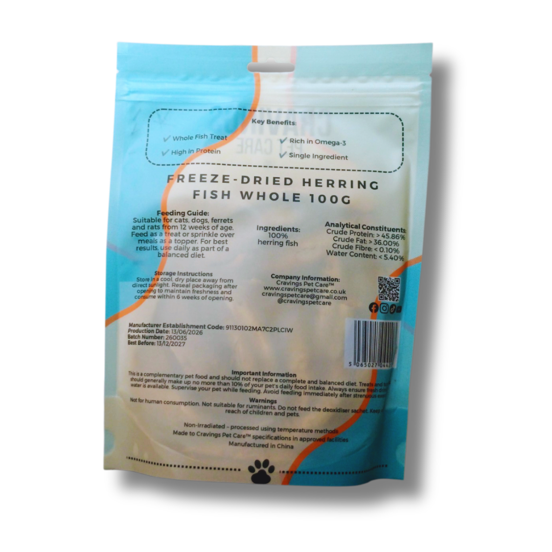 Cravings Pet Care Herring Fish Whole Treat | Freeze-Dried Food Topper Treat for Cats & Dogs | 100% Herring Whole | 100g