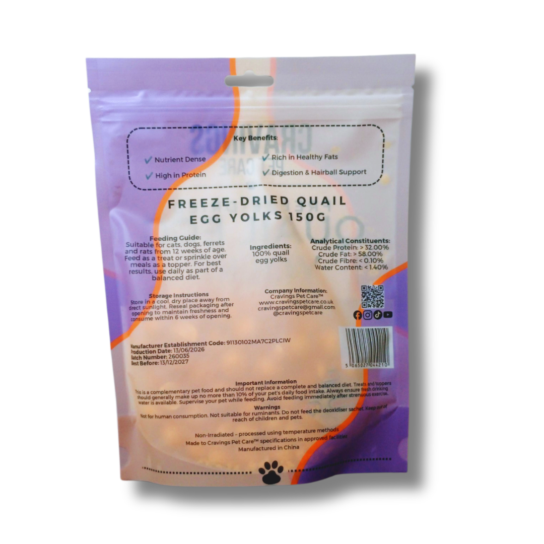 Cravings Pet Care Quail Egg Yolks Treat | Freeze-Dried Food Topper Treat for Cats & Dogs | 100% Quail Egg Yolks | 150g