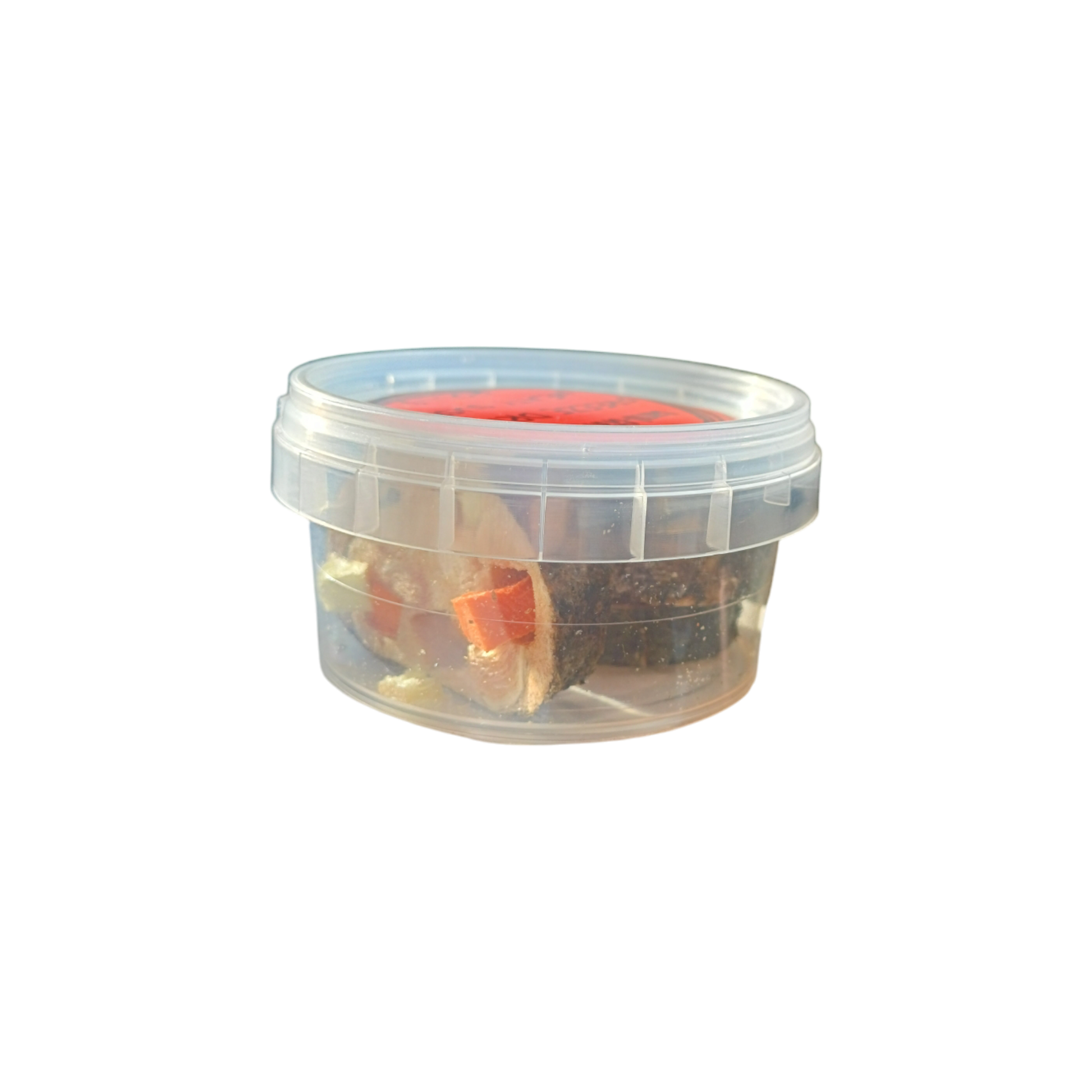 Side view of a clear plastic container holding freeze-dried pet sushi rolls, highlighting their natural and nutrient-rich ingredients.