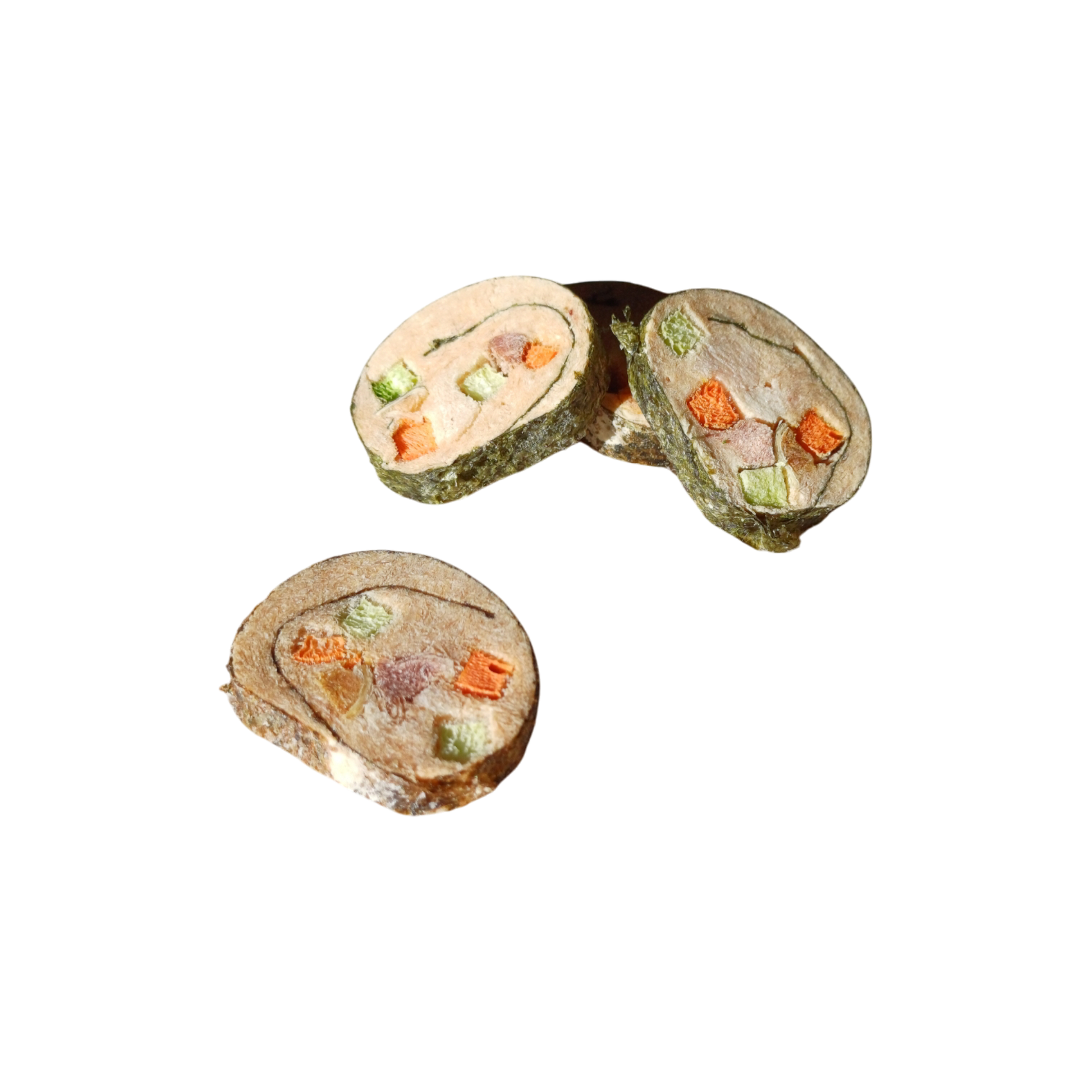 Three freeze-dried pet sushi rolls showcasing vibrant ingredients, ideal as protein-rich treats or food toppers for cats and dogs.