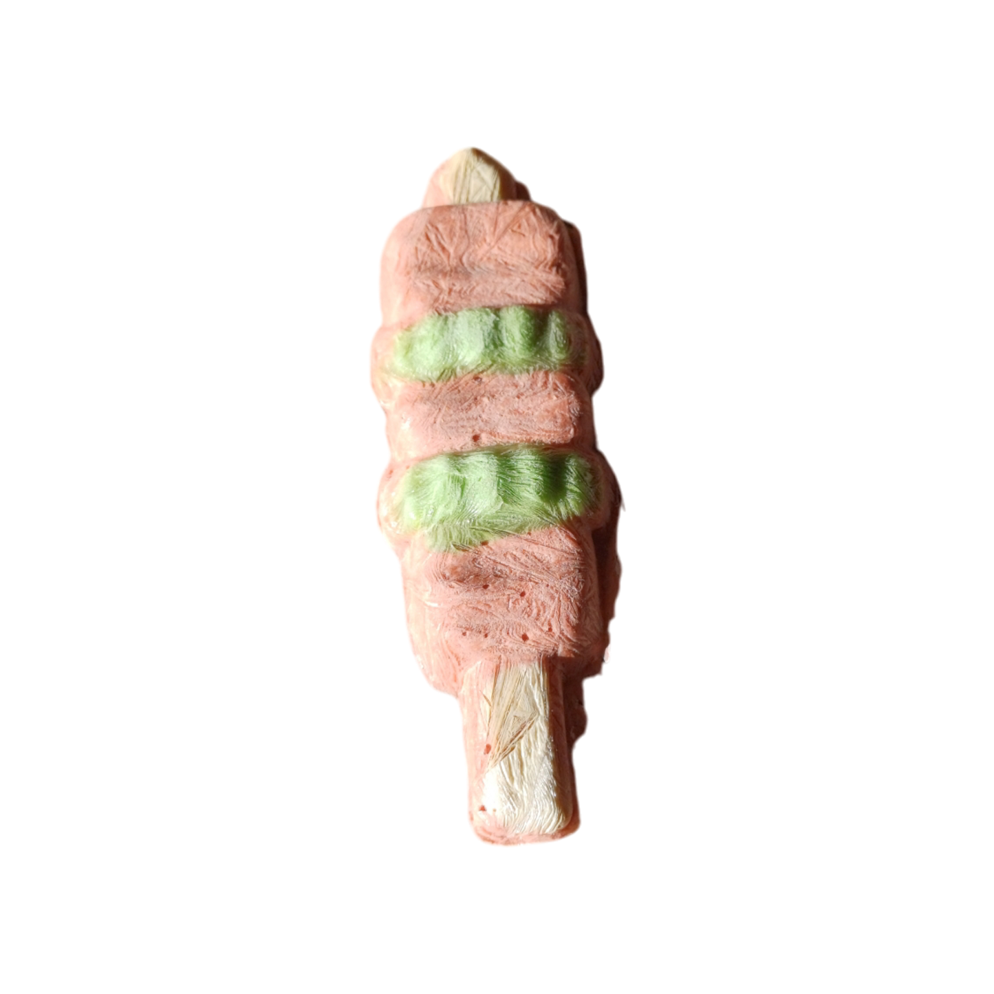 Freeze Dried Meaty Kebabs pet treat with visible layers of chicken, salmon, and egg on a stick, ideal for dogs and cats.