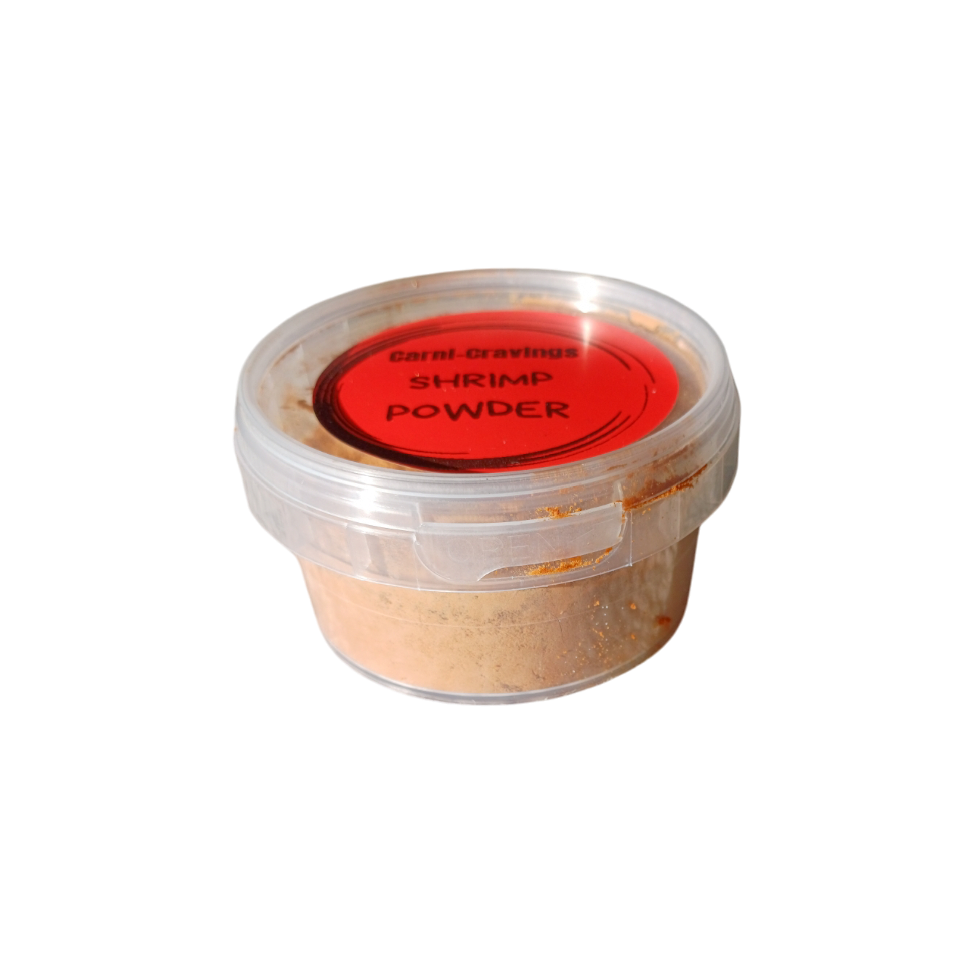 Shrimp Powder for cats and dogs in a transparent tub with a secure lid, labeled for easy identification and nutritional enrichment.