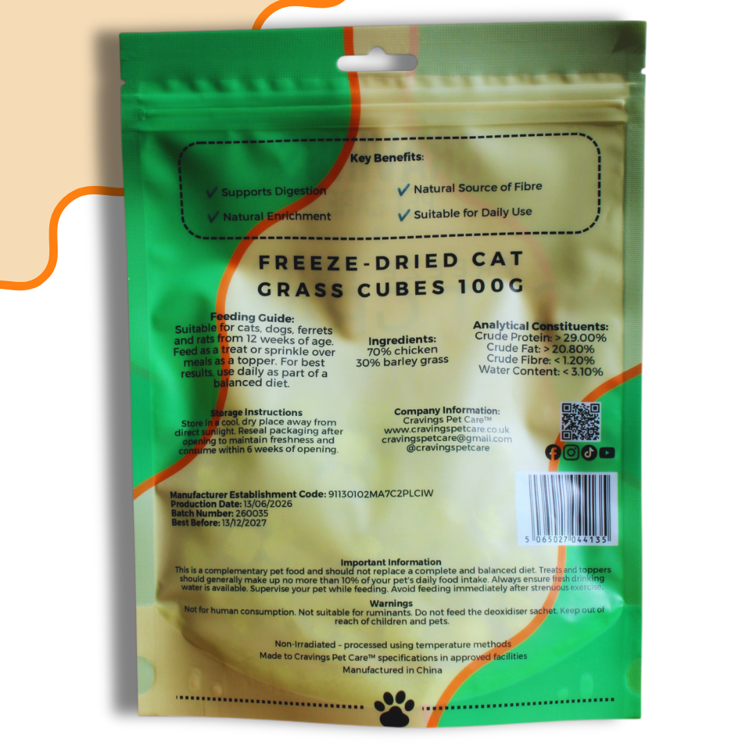 Cravings Pet Care Cat Grass Cubes Treat | Freeze-Dried Food Topper Treat for Cats & Dogs | 70% Chicken with Cat Grass | 100g - Cravings Pet Care
