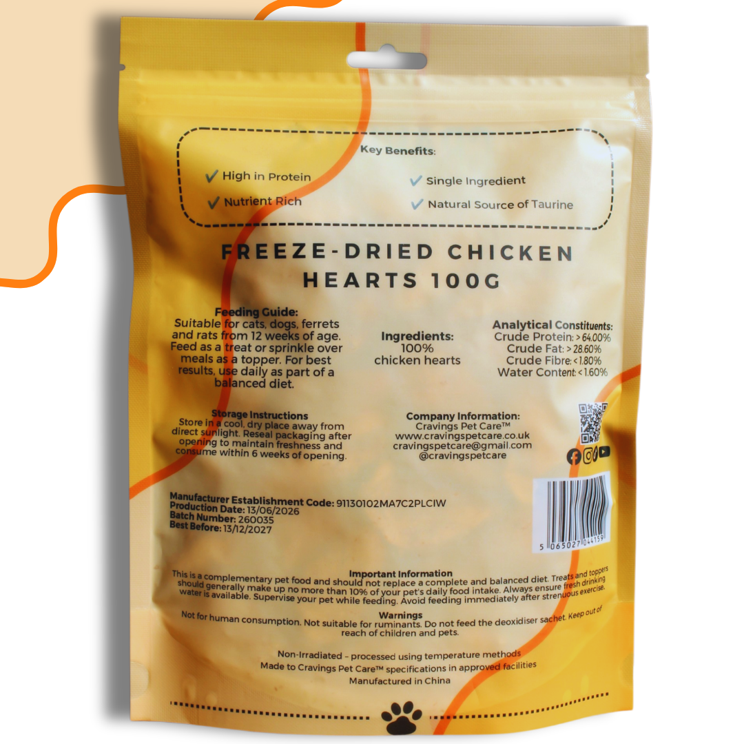 Cravings Pet Care Chicken Hearts Treat | Freeze-Dried Food Topper Treat for Cats & Dogs | 100% Chicken Hearts | 100g - Cravings Pet Care