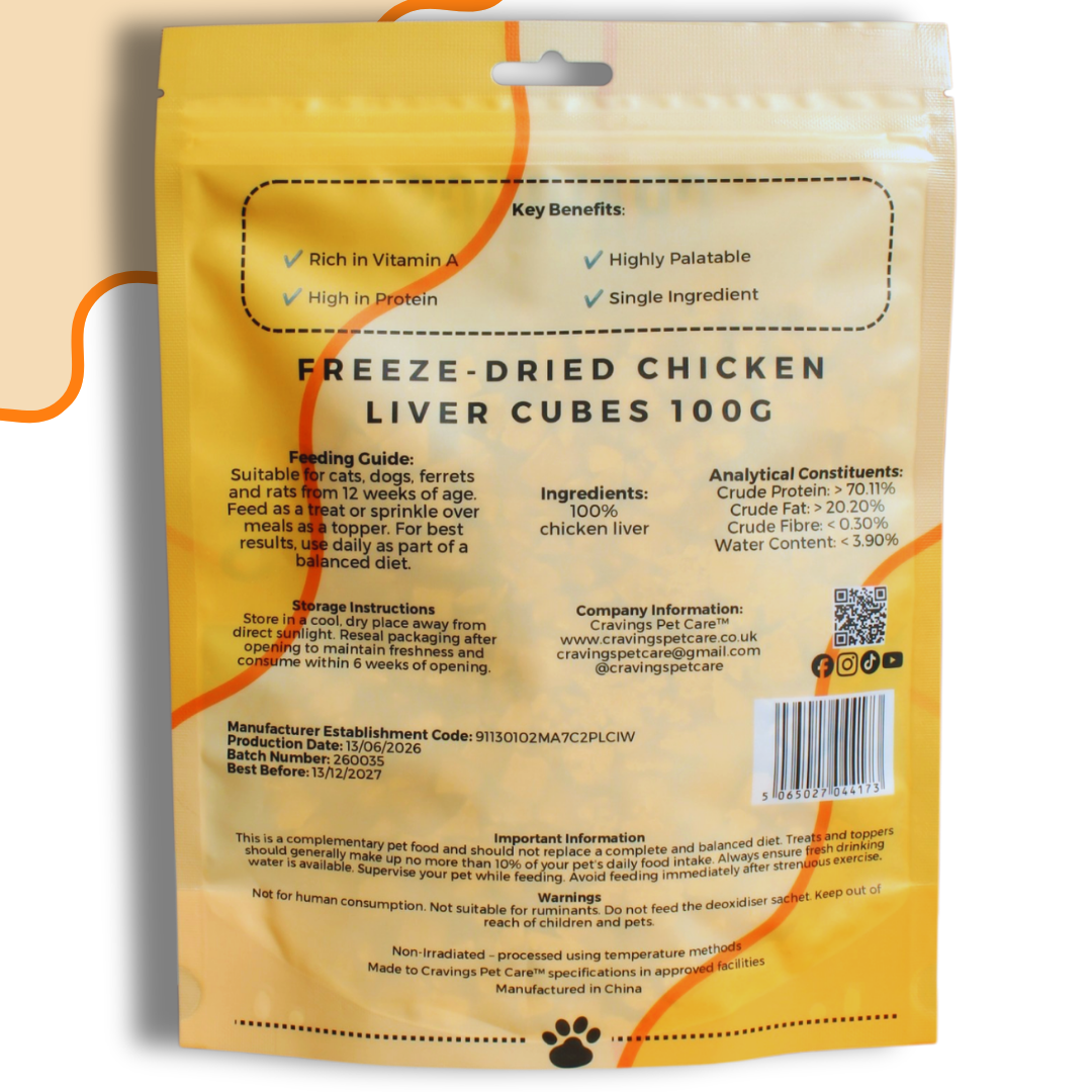Cravings Pet Care Chicken Liver Cubes Treat | Freeze-Dried Food Topper Treat for Cats & Dogs | 100% Chicken Liver | 100g - Cravings Pet Care