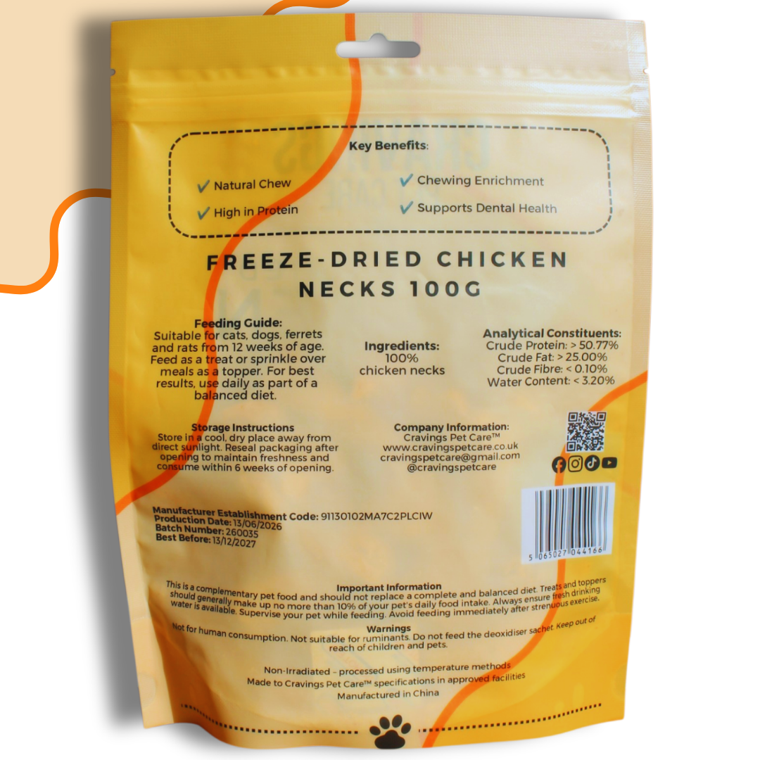 Back of a yellow and cream Cravings Pet Care Chicken Necks 100g pouch showing ingredients, feeding guide, storage instructions and analytical constituents.