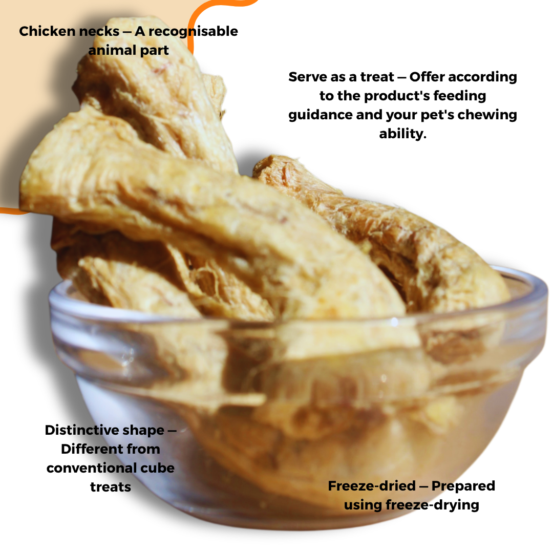 Freeze-dried chicken neck treats in a clear glass bowl, with text callouts explaining that chicken necks are a recognizable animal part, serving as a treat, distinctive shape compared to conventional cube treats, and freeze-dried preparation.