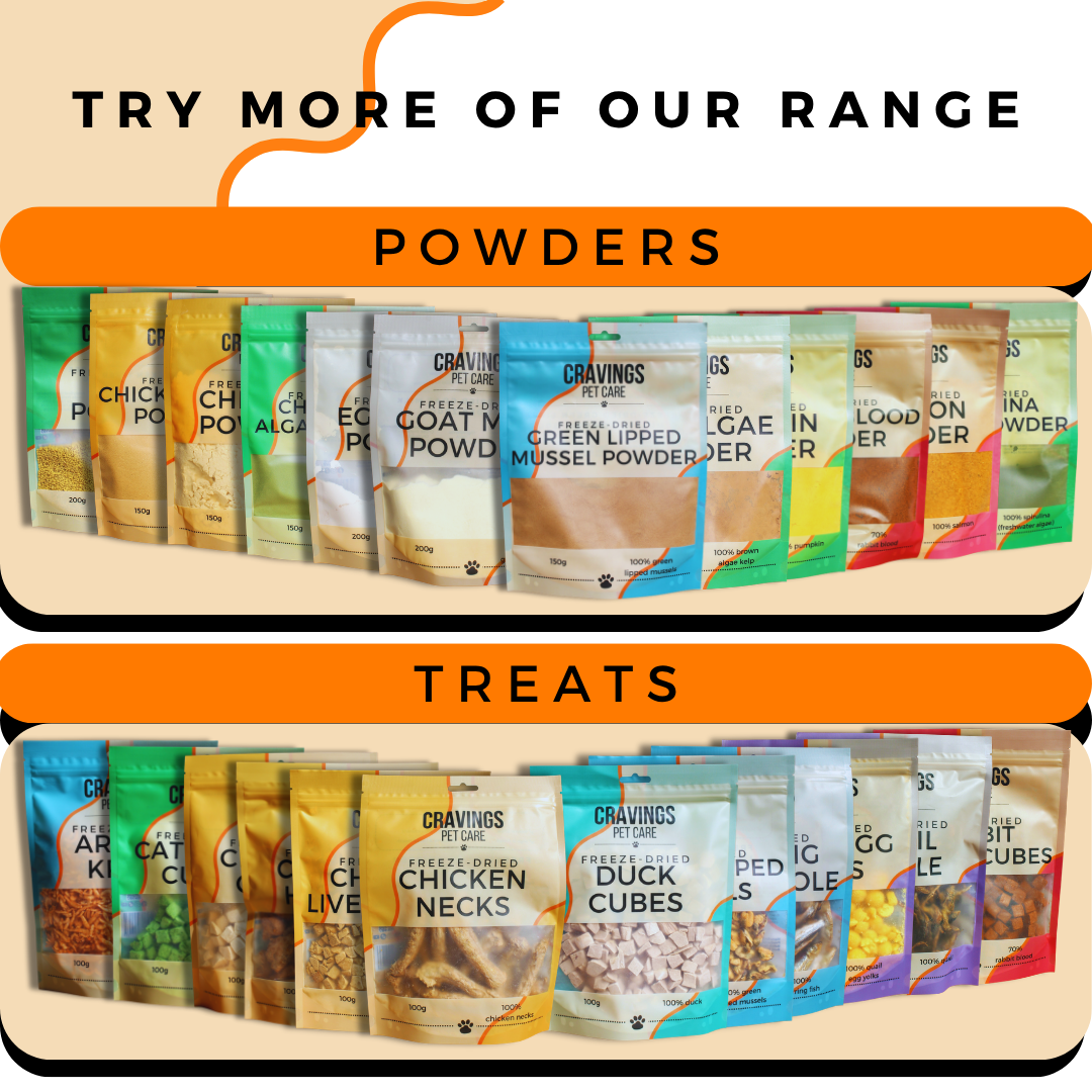 Cravings Pet Care powder and treat pouches arranged in two rows under “Try more of our range”, with orange “Powders” and “Treats” headings.