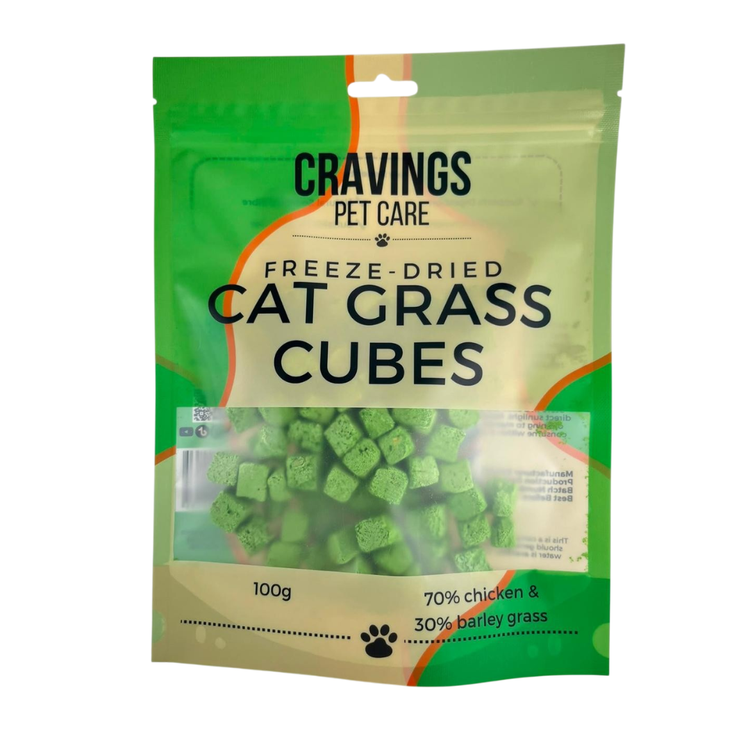 Cravings Pet Care Cat Grass Cubes Treat | Freeze-Dried Food Topper Treat for Cats & Dogs | 70% Chicken with Cat Grass | 100g