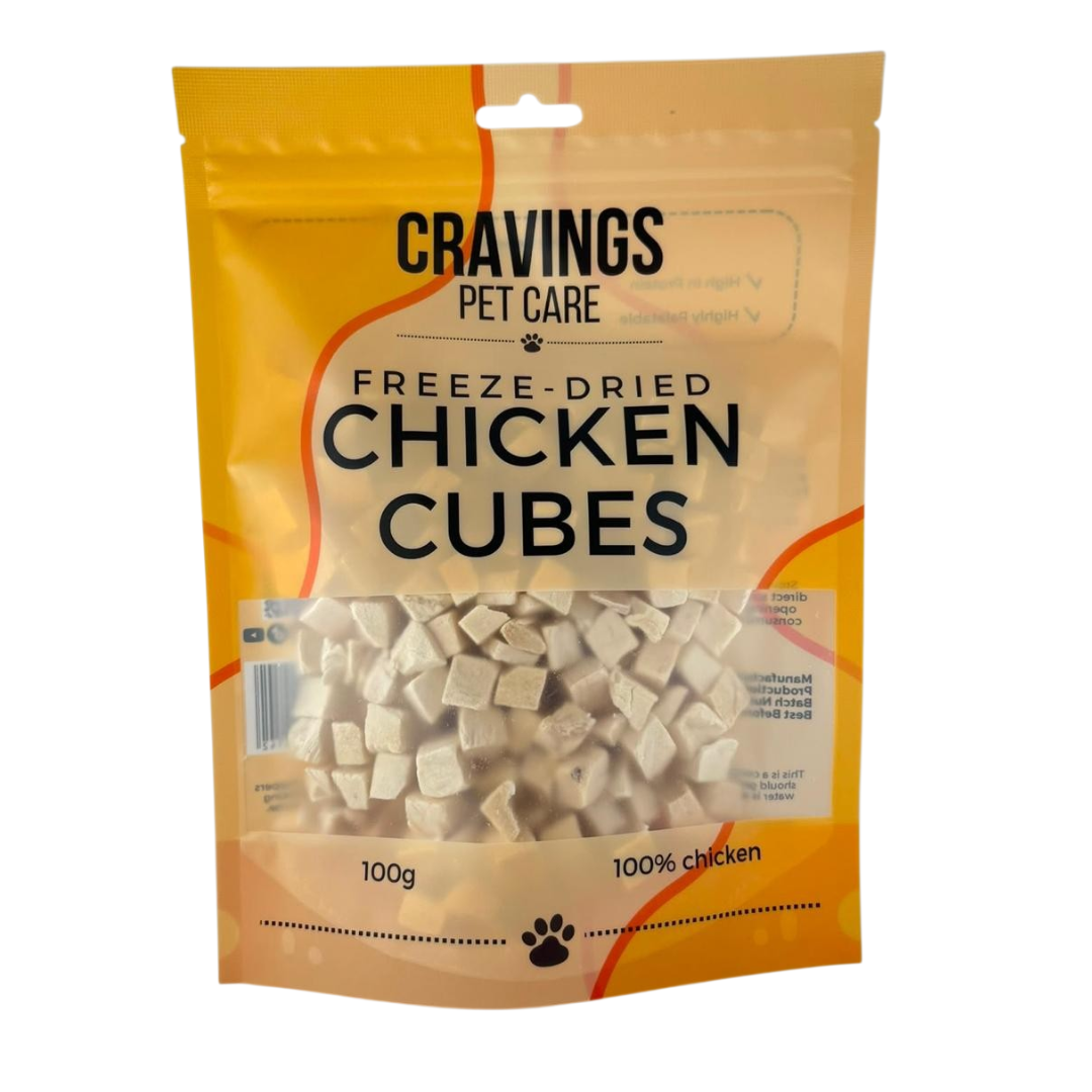 Cravings Pet Care Chicken Cubes Treat | Freeze-Dried Food Topper Treat for Cats & Dogs | 100% Chicken | 100g